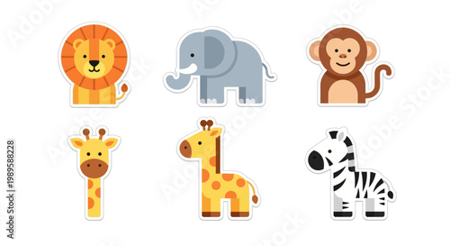 Cartoon animals including a lion elephant monkey giraffe and zebra