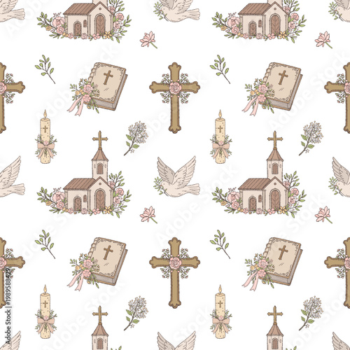 Seamless Christian pattern. Hand-drawn doodle illustration with church, Bible and cross. Delicate repeating background for religious themes, faith-based design, wrapping paper, fabric, wallpaper