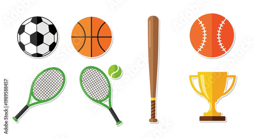 Various sports equipment including balls rackets a bat and a trophy