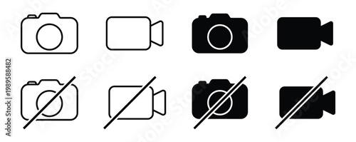 Camera and video icons with on/active and off/muted states in outline and silhouette styles. perfect for media controls. vector collection