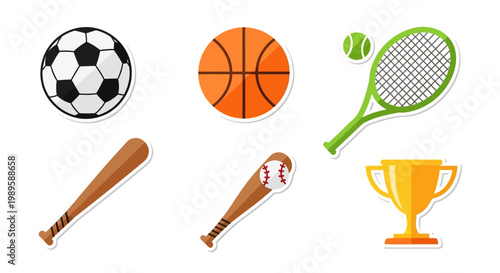 Collection of colorful sports equipment including balls bats and a trophy