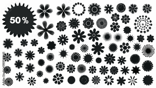 Collection of diverse black floral silhouettes and a percentage graphic