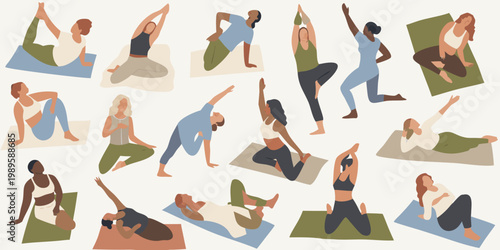 Diverse group of people practicing various yoga poses on mats