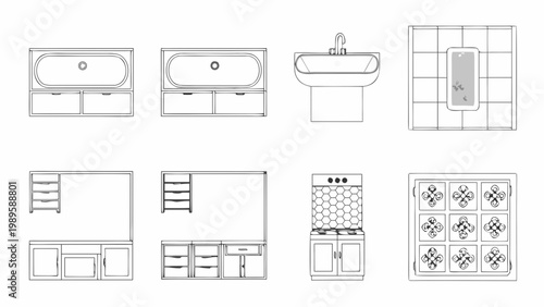 Architectural plan featuring sinks cabinets and bathroom kitchen fixtures