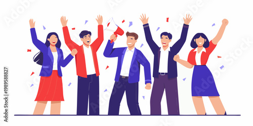 A diverse group of people celebrating success with raised arms and confetti