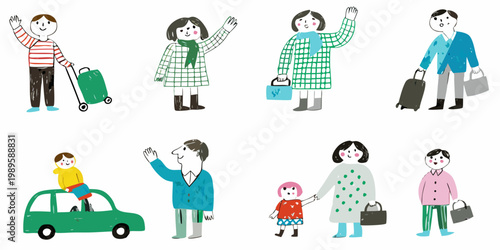 Illustrative depiction of people traveling with luggage and vehicles