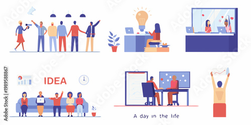 Modern office scenes depicting collaboration brainstorming and work routines