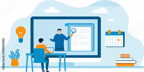 Online learning concept with a man examining data on a computer screen