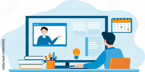 A person attends a virtual meeting or class on a computer