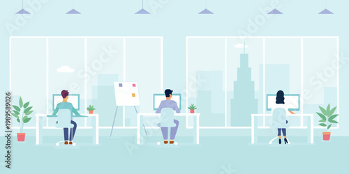 People working in a modern open plan office with a cityscape view