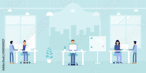 People collaborating in a modern open plan office with a city view