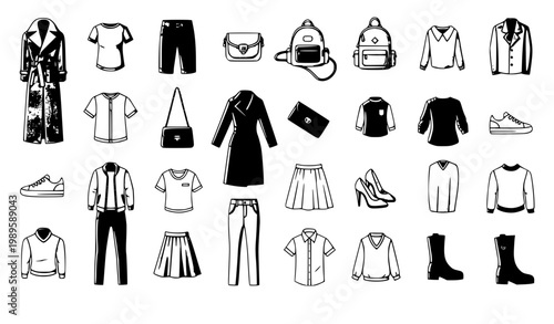 Cartoon clothes vector set casual fashion apparel coat jeans dress modern clothing collection