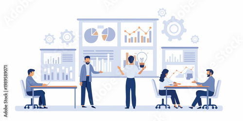 Team collaboration and brainstorming session with data analysis visuals