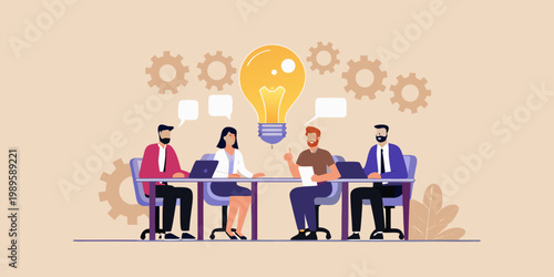 Team brainstorming session with a glowing lightbulb representing innovative ideas