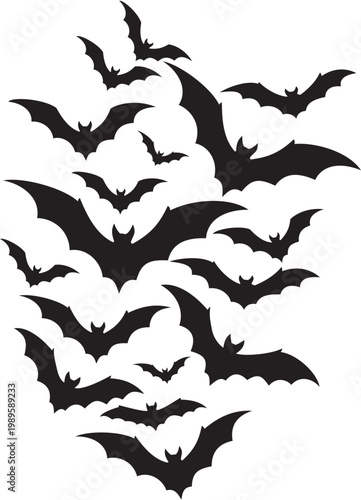 Flock of Bats Flying in Sky.  Spooky Design. 