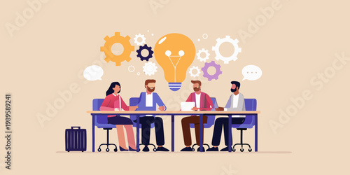 A team collaborates around a table with an illuminating idea