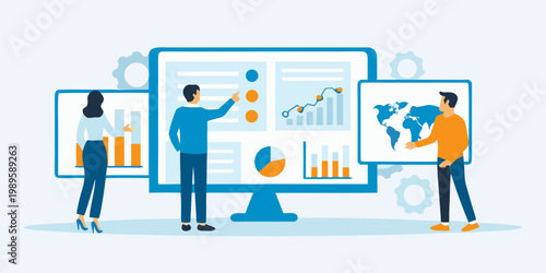 Team analyzing data and growth charts displayed on large digital screens
