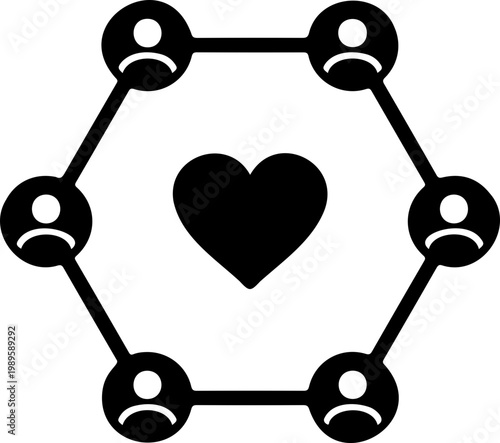 A minimalist vector graphic illustration of a heart surrounded by connected people in a hexagonal shape