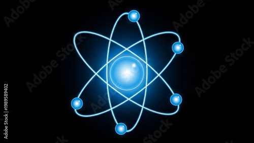 Abstract Atom Model with Glowing Orbits and Electrons on Black Background, Science Concept