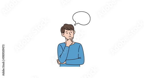 Young man in blue shirt thinking with speech bubble above head.