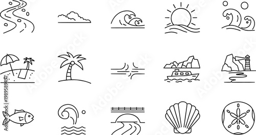 Coastal landscape and nautical navigation icon set with ocean and lighthouse symbols