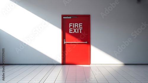 Red fire exit door with bold emergency sign illuminated by sunlight in minimal interior safety concept