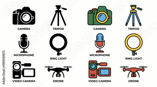 Comprehensive collection of essential photography and videography equipment icons, featuring digital cameras, tripods, microphones, ring lights, and drones, perfect for modern content creation