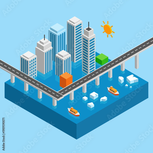Isometric Cityscape with Highway and Waterway.