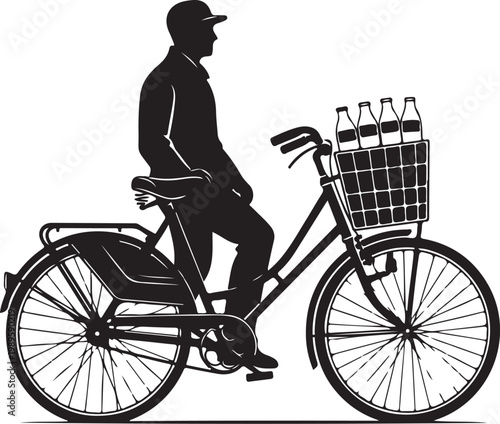 Milkman on bicycle, milk delivery, black silhouette, vector illustration, bike with basket