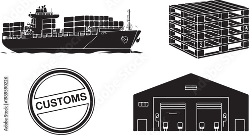 Minimalist customs border control truck and building in black