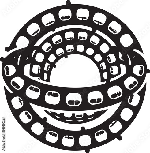 Film strip, movie camera, circular icon, black vector graphic
