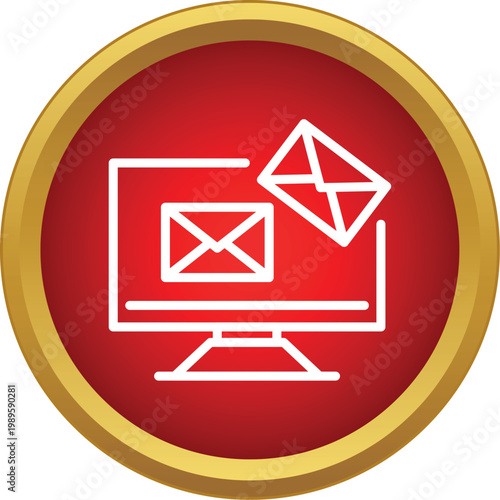 Computer monitor receiving digital email messages in a red and gold button style