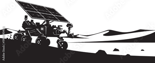 Solar powered rover, robotic vehicle, space exploration, black silhouette, vector illustration