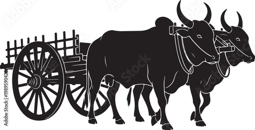 Black oxen, cattle, bulls, vector illustration, farm animals, ox cart, rural scene