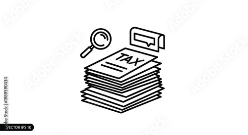 Stack of documents, paperwork, files, and search icon, business concept, office supplies