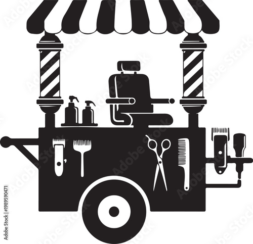 Barber cart, mobile salon, black and white illustration, vector graphic