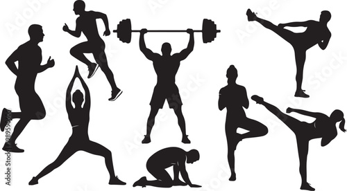 Black silhouettes of people exercising, fitness icons, workout illustrations, athletic poses