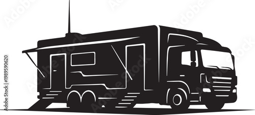 Motorhome, RV, trailer, caravan, vehicle, black, silhouette, illustration, vector
