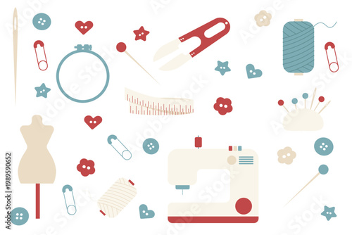 Set of sewing kit equipment flat design, flat style Ilustration. 