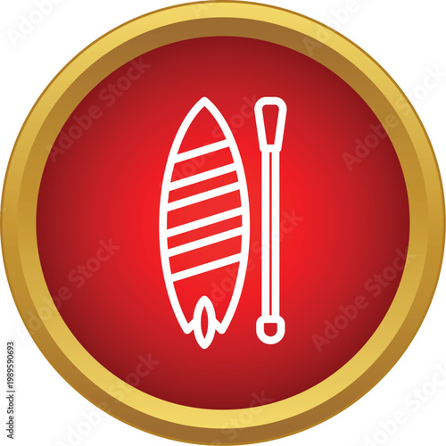 Outline icon showing a paddle board and paddle in a red and gold circle