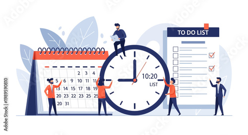 Time management and productivity concept with people and calendar.