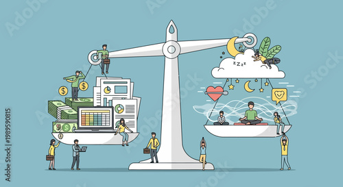 Work life balance concept with people and objects on a scale.
