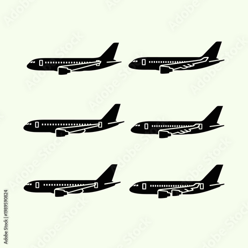 Set of Six Black Airplanes Silhouettes on a Light Background