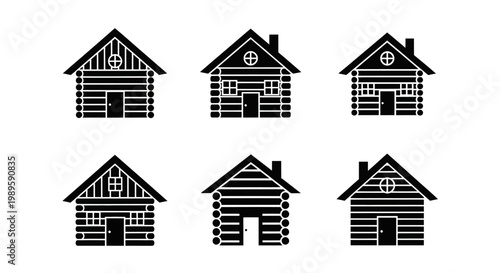 Set of Six Black and White Cabin Icons, Log House Designs, Vector Graphics