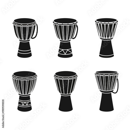 Set of Six Djembe Drums, African Percussion Instruments, Silhouette Style