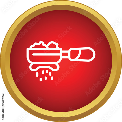 Portafilter icon with coffee grounds and dripping liquid inside a red and gold circle