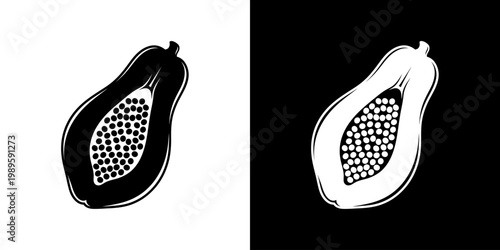 Papaya Fruit Yin-Yang Graphic Art Opposing Black and White Halves