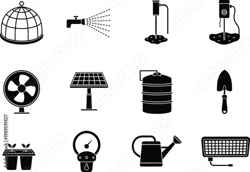 Collection of black and white icons representing various greenhouse and gardening equipment tools