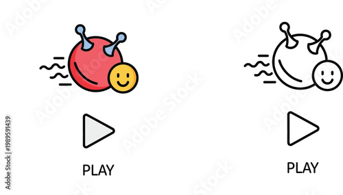 Play Button Icon with Bouncing Hopper Ball and Smiley Face Illustration and Line Art Outline for Gaming Entertainment Kids App Interface and Active Lifestyle Vector Art