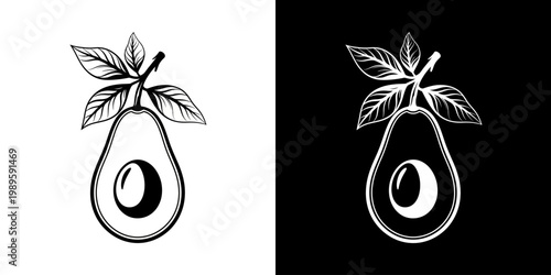 Organic Avocado Half with Leaves Vector Illustration in Duality Style for Healthy Eating